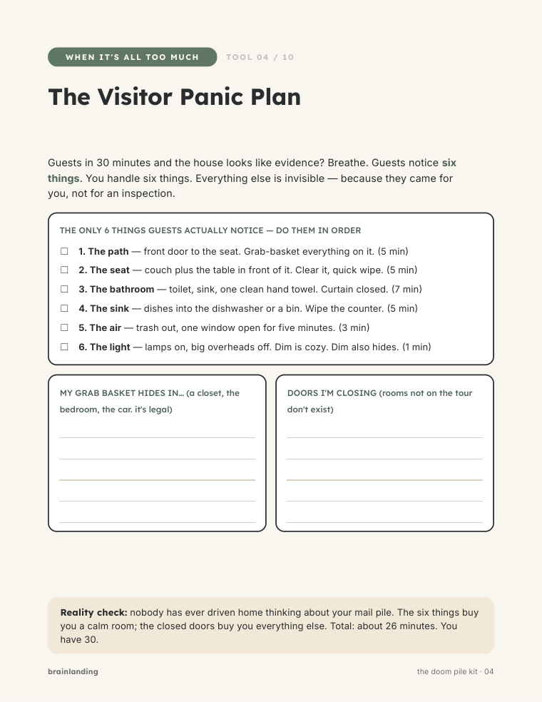 The Visitor Panic Plan page with a six-step checklist for guests arriving soon